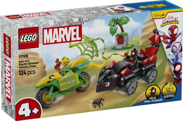 LEGO Spidey e i Suoi Fantastici Amici 11198 Inseguimento sui Dino-Veicoli di Spin ed Electro, Giochi Educativi per Bambini 4+