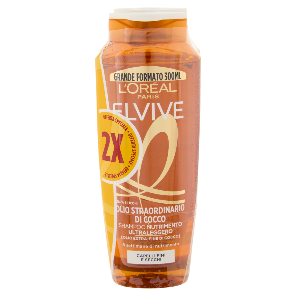 Elvive Olio Straordinario di Cocco Shampoo Nutrimento Ultraleggero, per Capelli Fini 2 x 300 ml