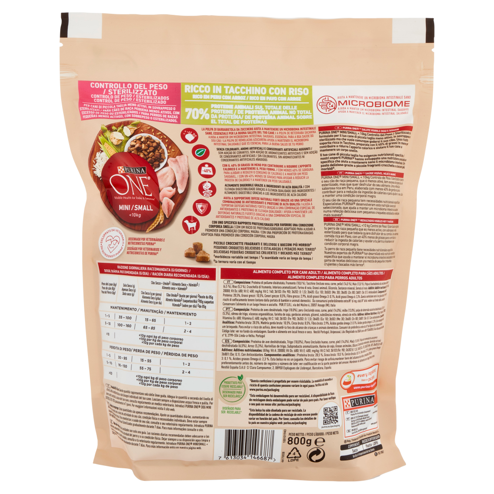 PURINA ONE Mini/Small Controllo del Peso/Sterilizzato Ricco in Tacchino con Riso 800 g