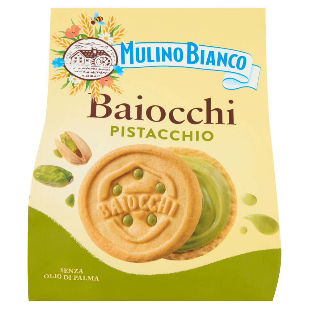 Mulino Bianco Baiocchi Biscotti Snack Farciti con Crema al Pistacchio 240g