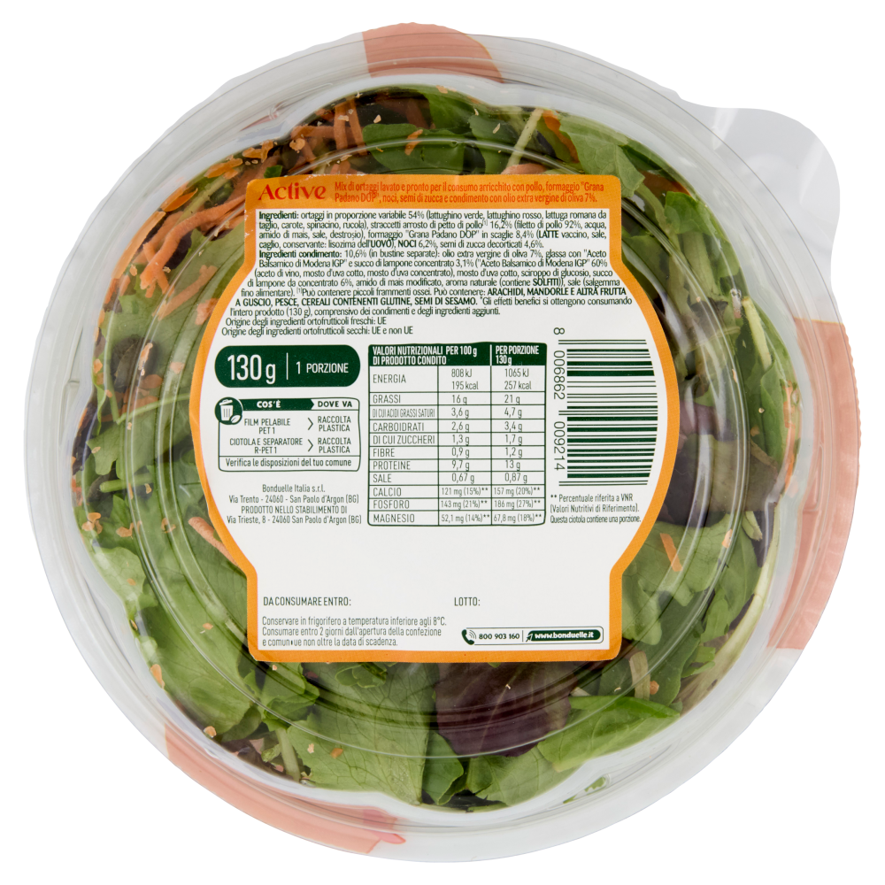 Bondulle Active Insalata, Pollo,"Grana Padano DOP", Noci e Semi di Zucca 130 g