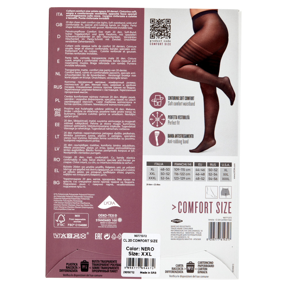 pompea Comfort Size Collant velato opaco comfort size con fibra Lycra 20 Den XXL Nero