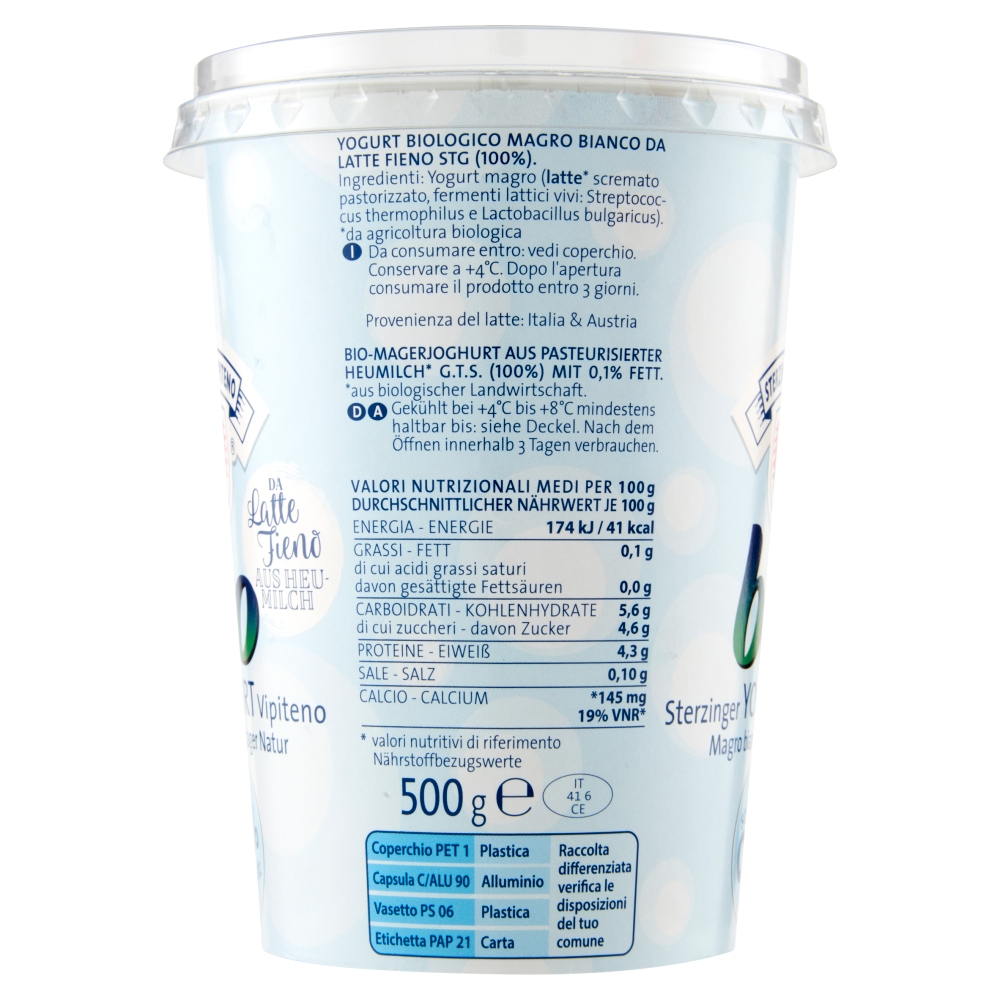 Sterzing Vipiteno bio Yogurt da Latte Fieno Magro bianco 500 g