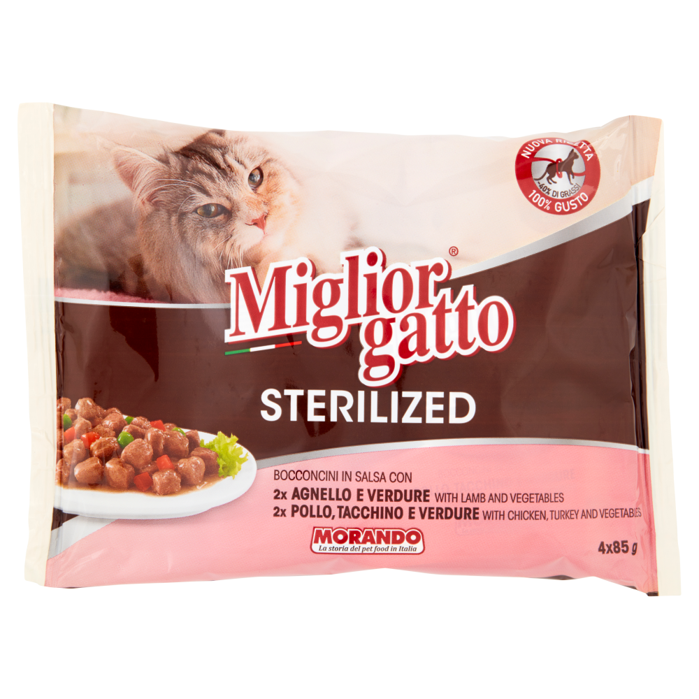 Migliorgatto Sterilized Bocconcini in Salsa con Agnello e Verdure - Pollo, Tacchino e Verdure 4x85g