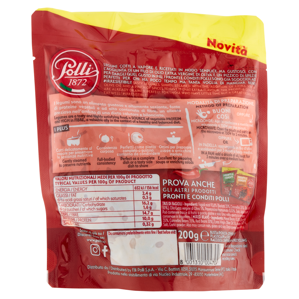 Polli Pronti & Conditi Tris di Fagioli Cotti al Vapore Piccante 200 g