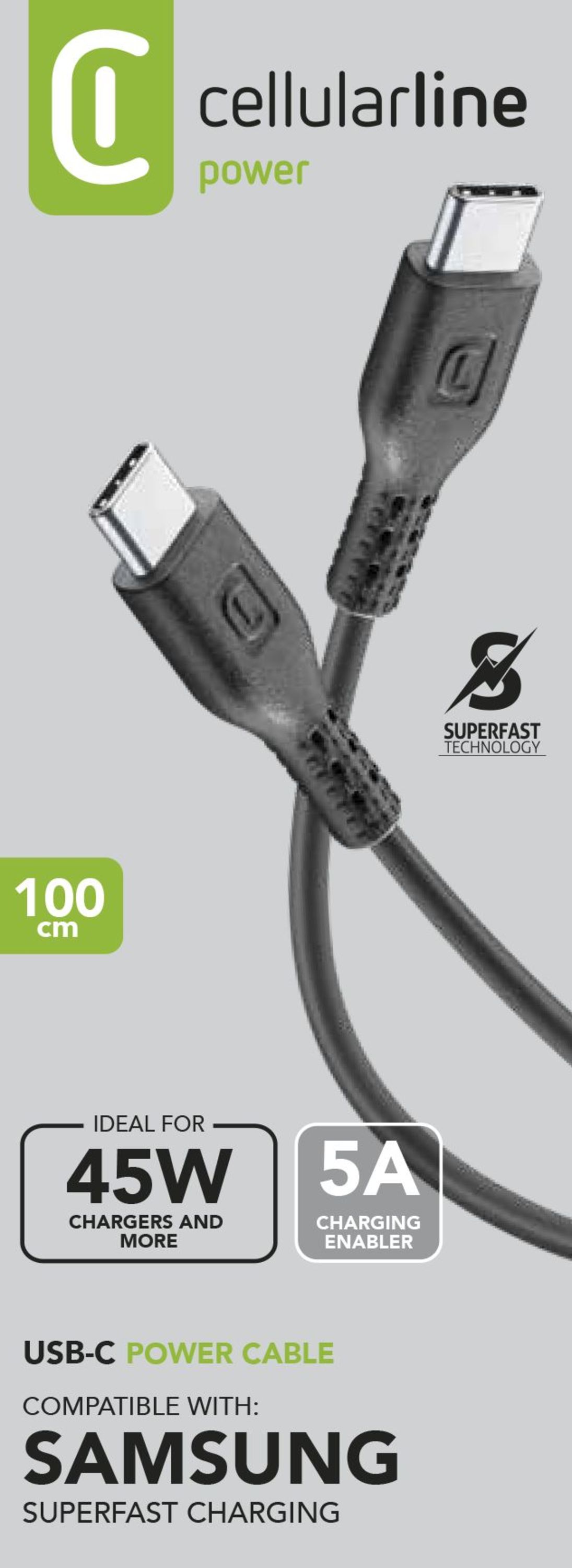 Cellularline USB cable 5A - USB-C to USB-C Cavo 5A da USB-C a USB-C per la ricarica e sincronizzazione dati