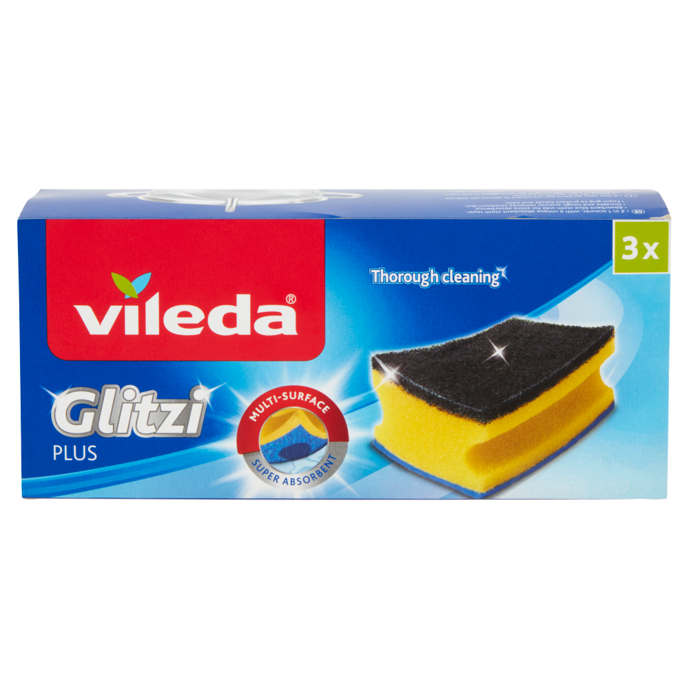 Vileda Glitzi Plus - spugna abrasiva a triplo strato, salvaunghie e con fibra nera. 3x