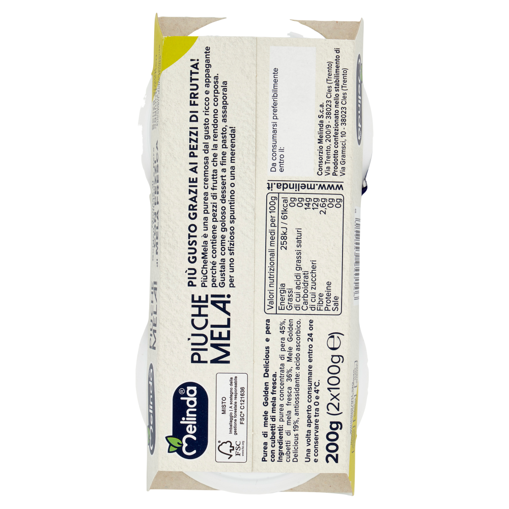 Melinda Pi&ugrave; che Mela! Mousse di Golden Delicious e Pera con Pezzi di Mela Fresca 2 x 100 g