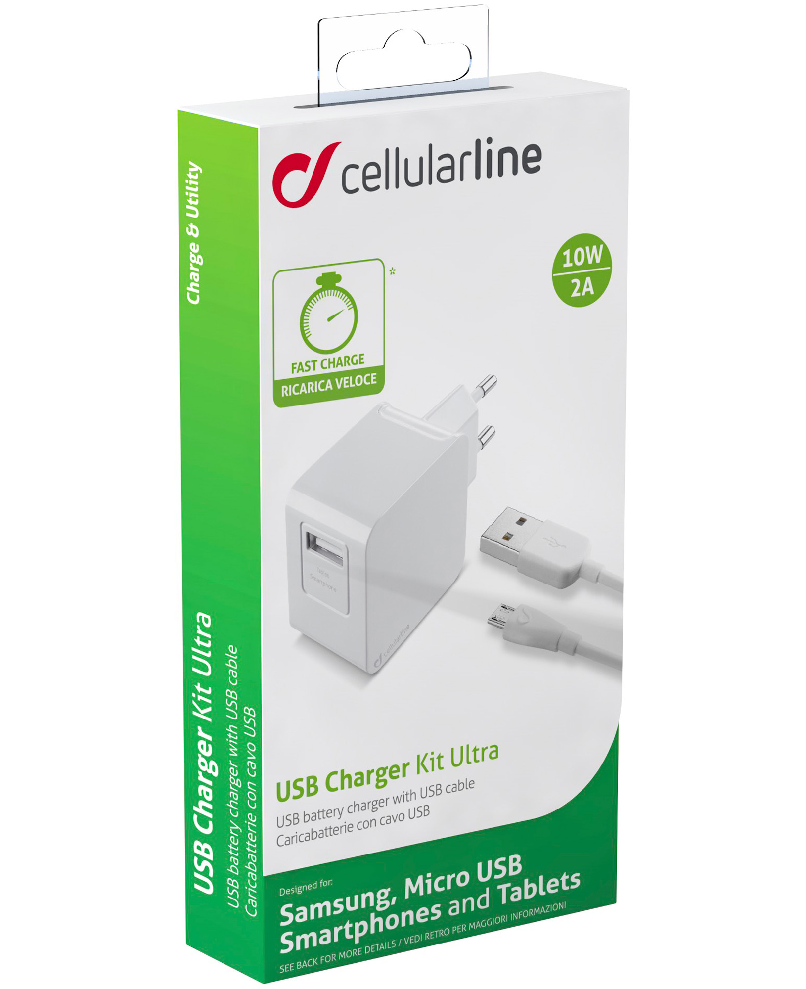 Cellularline USB Charger Kit 2A - Micro USB - Huawei, Xiaomi, Wiko, Asus and other smartphone Caricabatterie da rete veloce 2A con cavo Micro USB