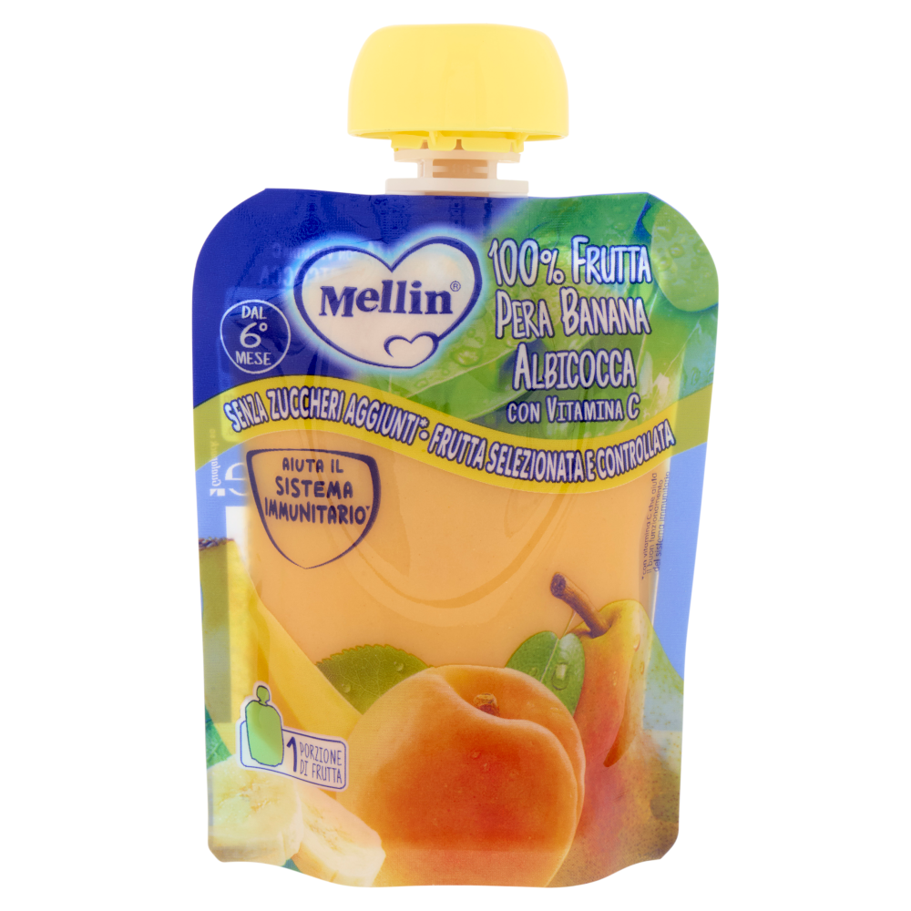 MELLIN Merenda di Frutta 100% con Vitamina C, Albicocca, a partire dal 6° mese, Pouch 90 g