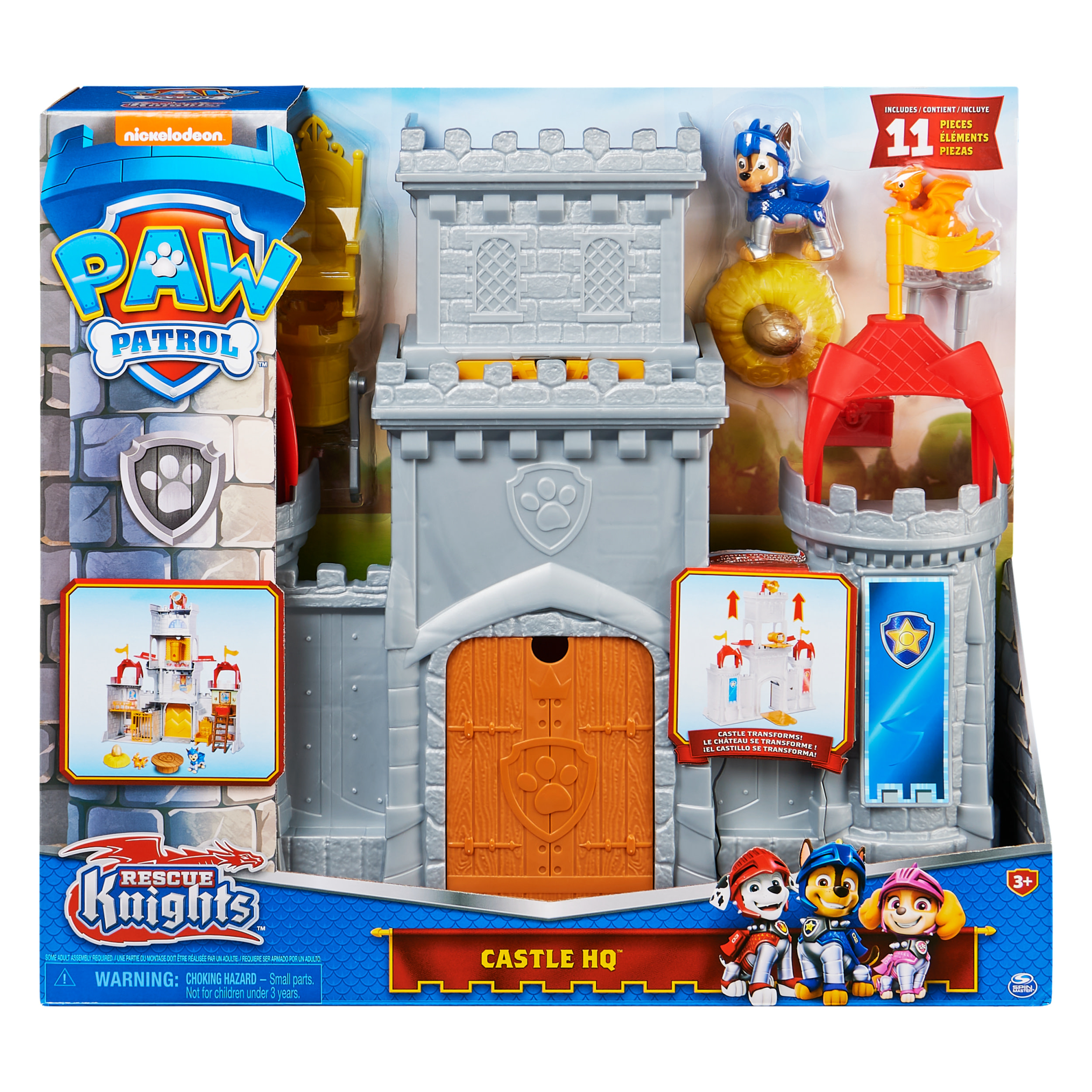 PAW Patrol , set di gioco trasformabile da 11 pezzi Castle HQ Rescue Knights con action figure di Chase e del mini drago Draco, giocattoli per bambini dai 3 anni in su