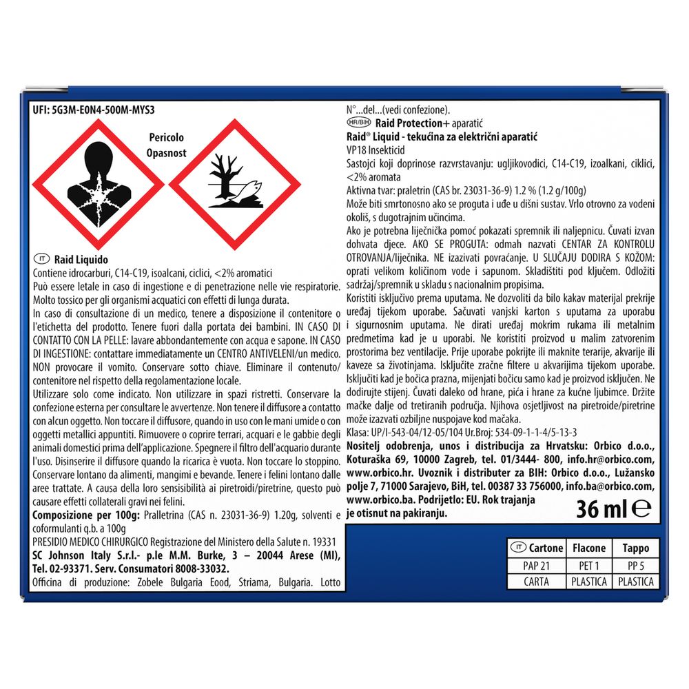 Raid Liquido Base 60 Notti, Protegge contro Zanzare Comuni e Tigre, Azione Continua, 36 ml