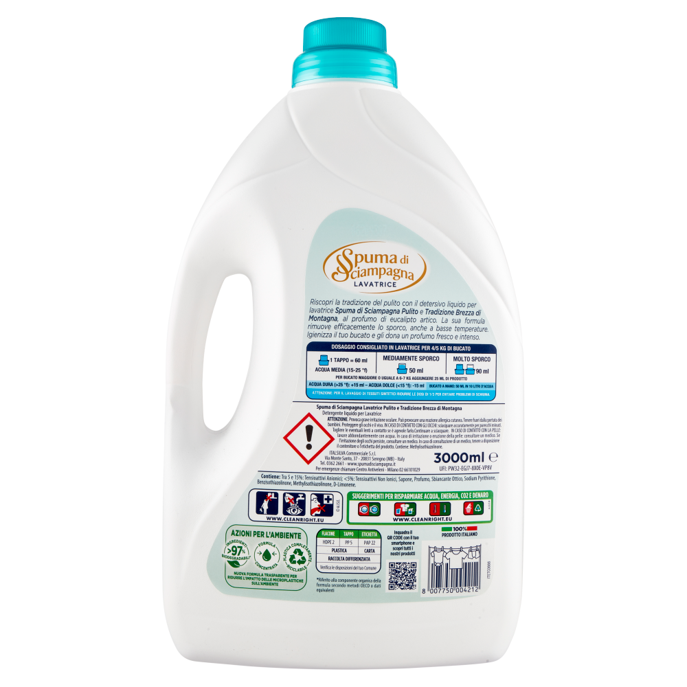 Spuma di Sciampagna Pulito & Tradizione Lavatrice Igienizzante Brezza Montagna 3000 ml