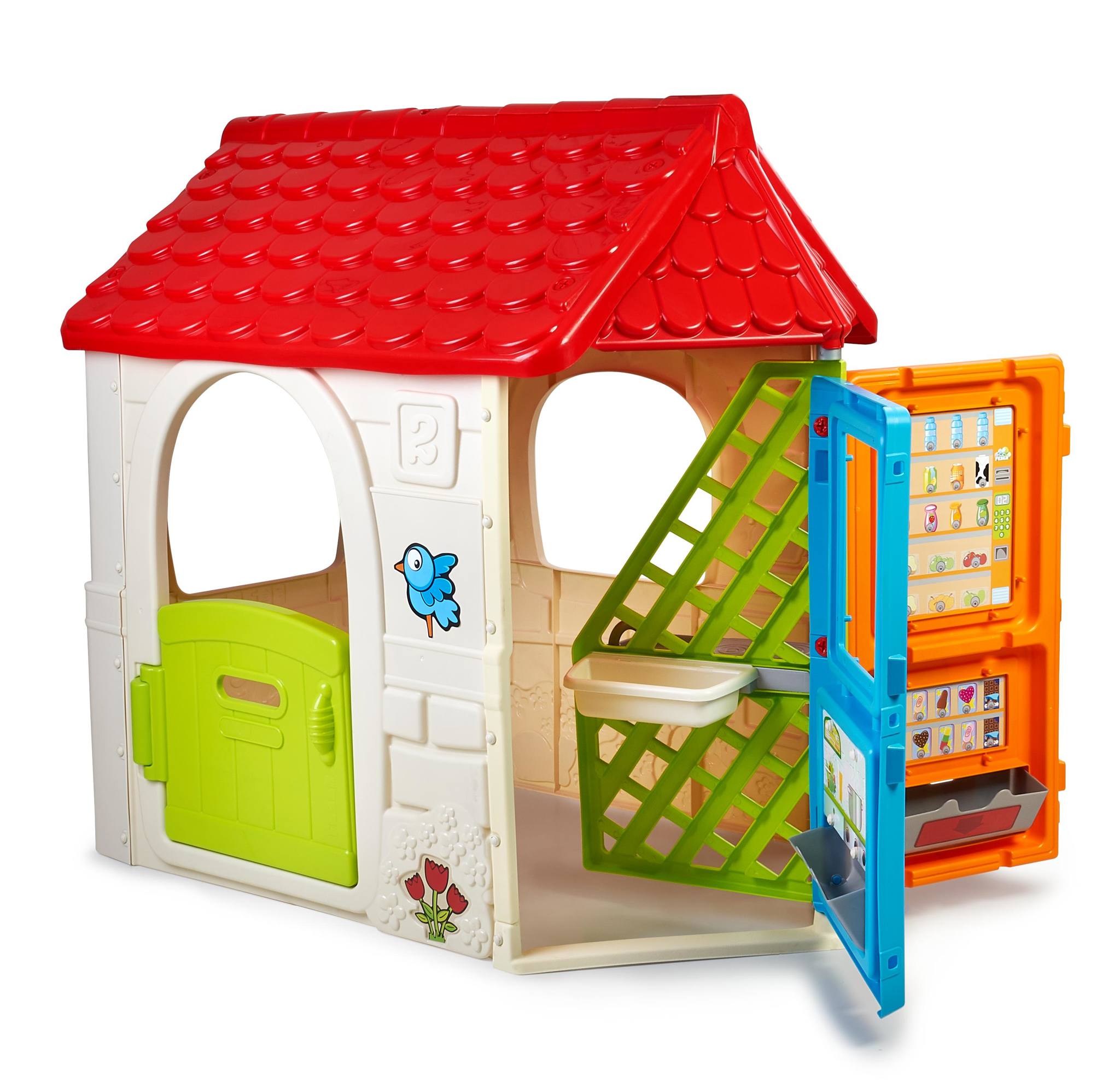 FEBER Casetta in plastica Girohouse - mis. 108x70xh124 cm - casa per  bambini che include una porta girevole con 6 aree gioco: cucina, barbecue