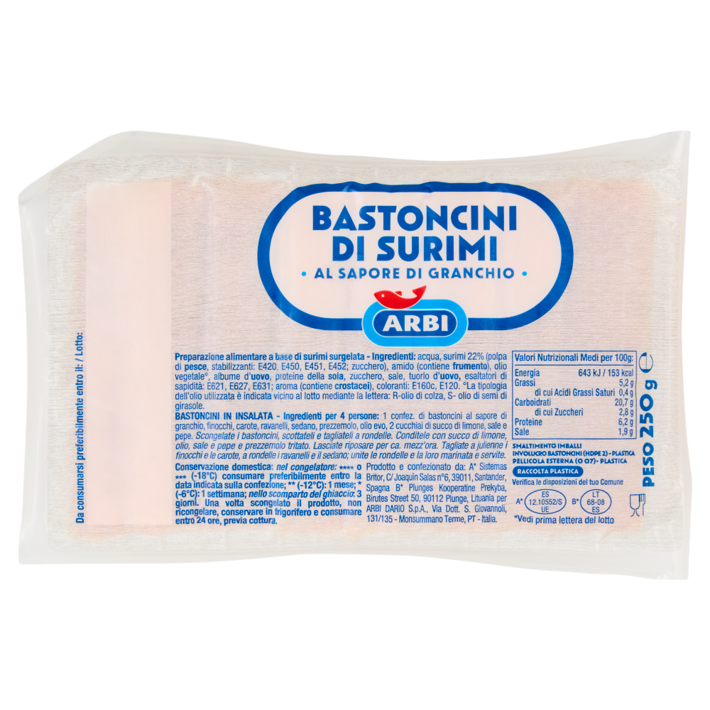 Arbi Bastoncini di Surimi al Sapore di Granchio 250 g