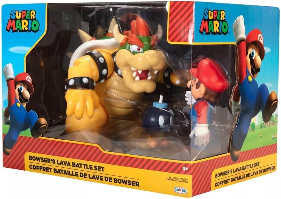 Super Mario Playset Nintendo Mario vs. Bowser: Battaglia nella Lava 7" / 18 cm, con licenza ufficiale , action figure articolate di Bowser, Mario e Bob-Omb. Perfetto per bambini dai 3 anni in su.
