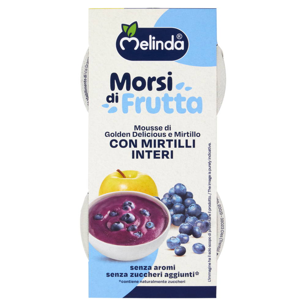Melinda Morsi di Frutta Mousse di Golden Delicious e Mirtillo con Mirtilli Interi 2 x 100 g