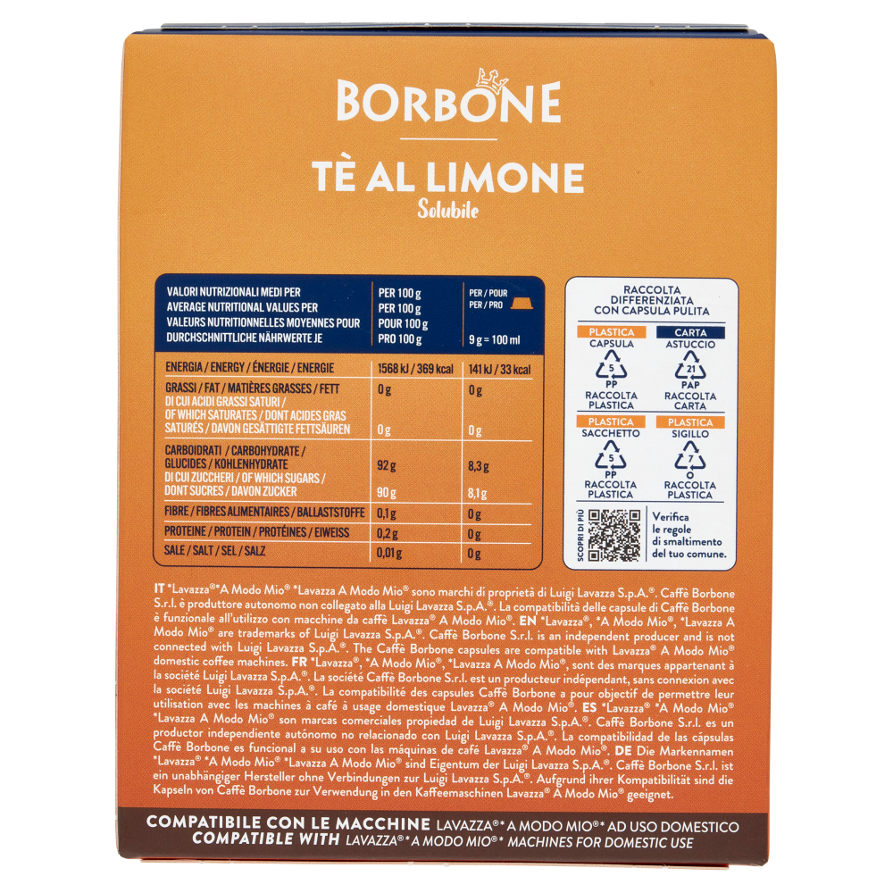 Borbone Tè al Limone Solubile Compatibile Lavazza* A Modo Mio* 16 Capsule 16 x 9 g