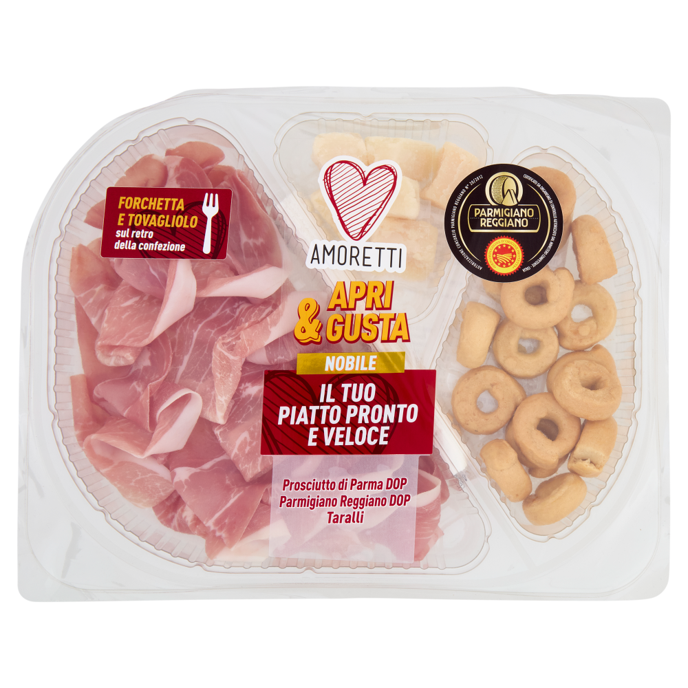 Amoretti Apri & Gusta Nobile Prosciutto di Parma DOP, Parmigiano Reggiano DOP, Taralli 150 g