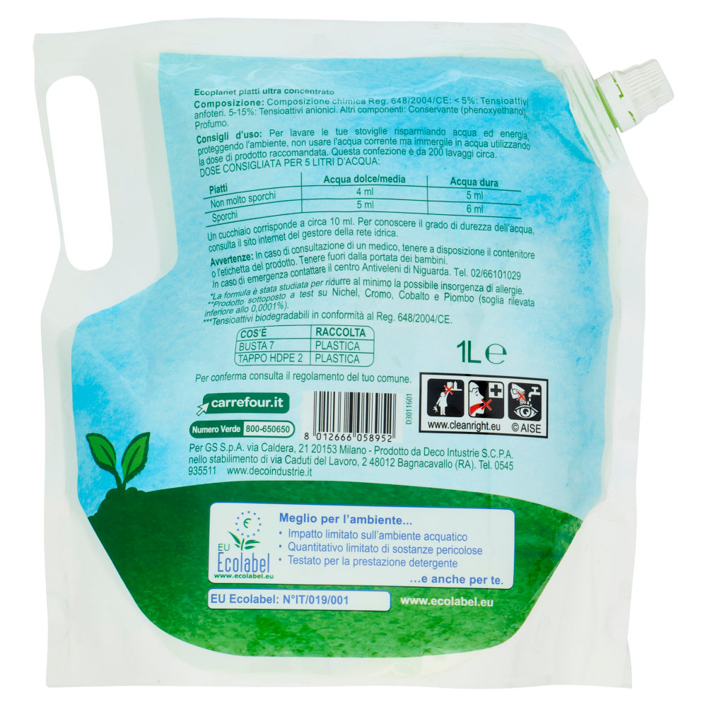 Carrefour eco Planet Piatti Ultra Concentrato Profumo di Limone con Oli Essenziali Ecoricarica 1 L