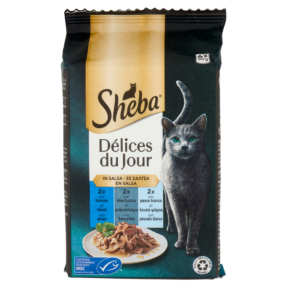 Sheba Délices du Jour Cibo Umido Gatto in Salsa con Tonno, Merluzzo e pesce bianco 6 x 50 g