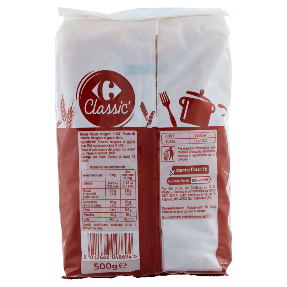Carrefour Classic Penne Rigate Integrali N.137 500 g
