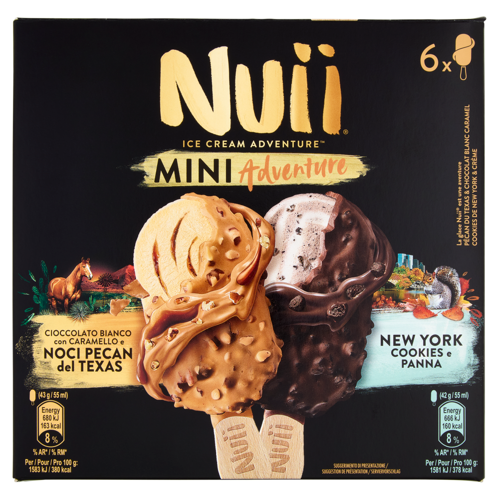 NUII Mini Adventure Ciocc.Bianco-Caramello-Noci Pecan del Texas,New York Cookies-Panna 6 Gelati 255g