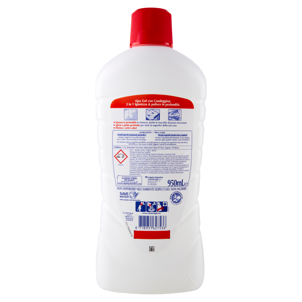 Ajax detersivo pavimenti gel con candeggina e limone 950 ml