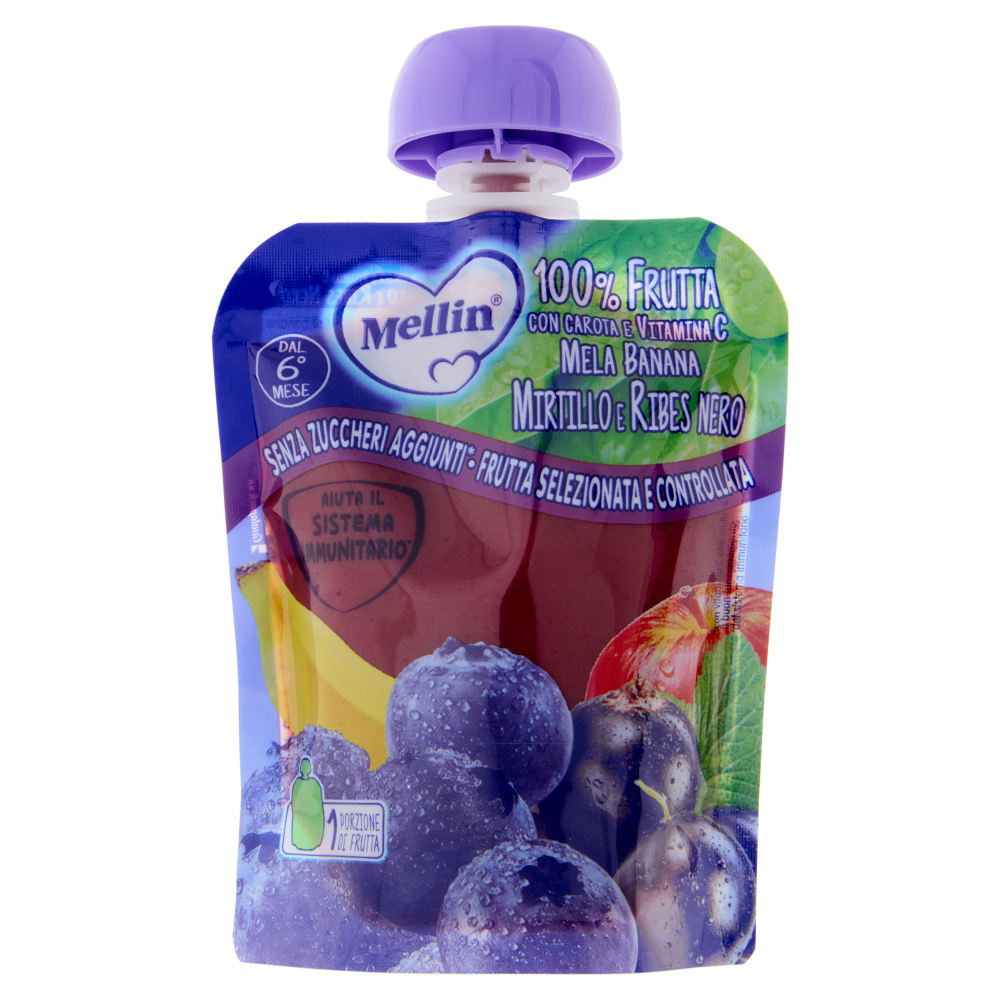MELLIN Merenda di Frutta 100% con Carota, Mirtillo e Ribes Nero, dal 6&deg; mese, Pouch 90 g