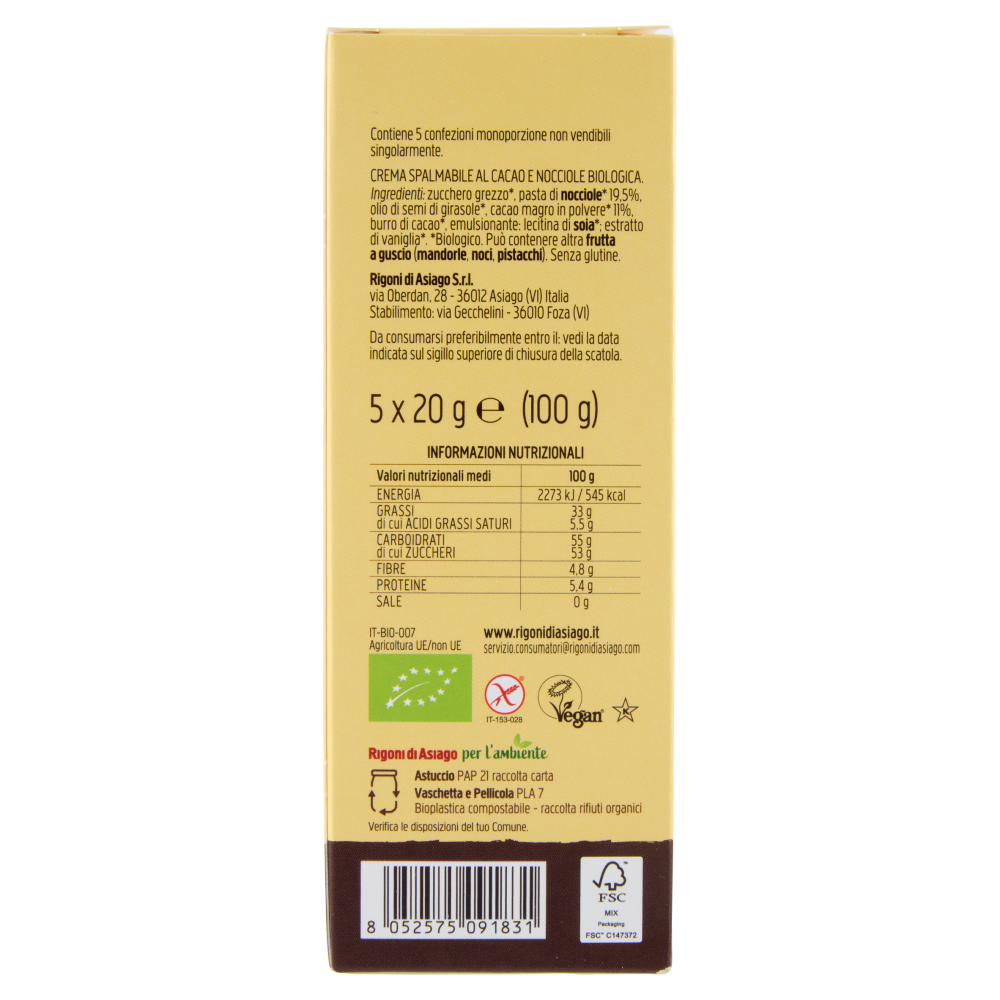 Rigoni di Asiago Noccolata la Dark Senza Latte bio 5 x 20 g