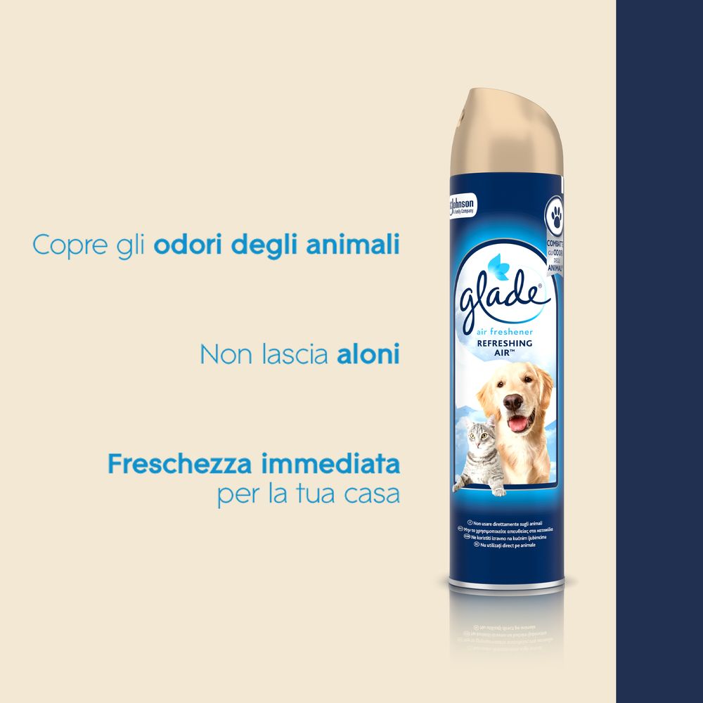 Glade Deodorante per Ambienti Spray, Fragranza Refreshing Air™, Combatte gli odori degli animali domestici, 300ml