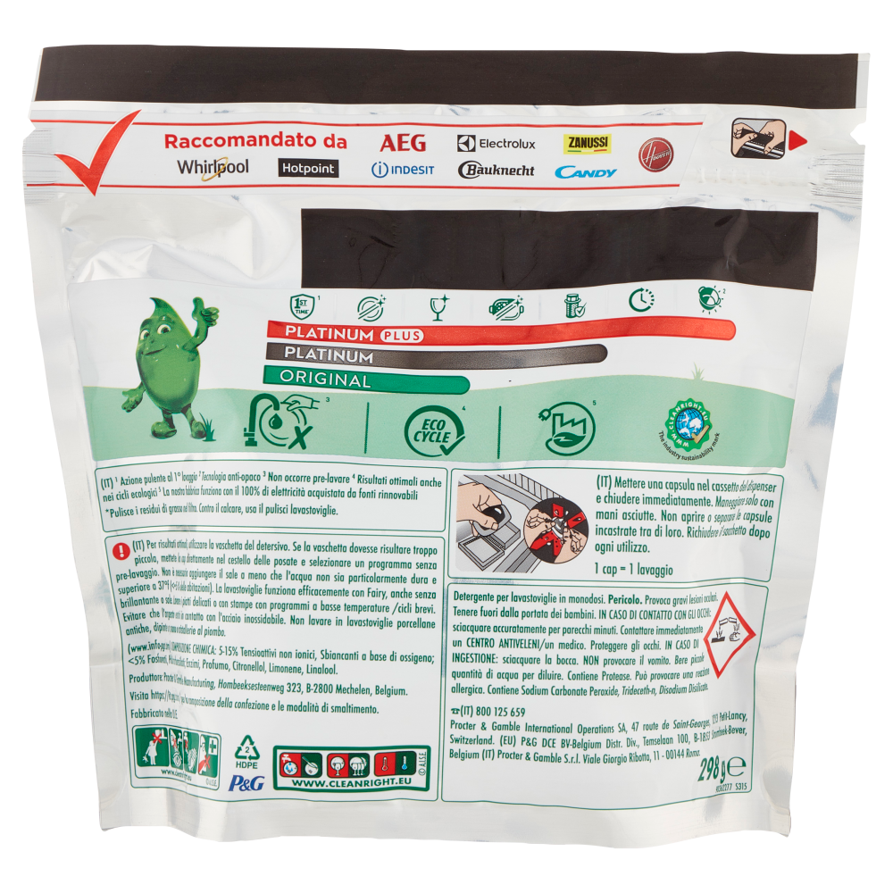 Fairy Pastiglie Lavastoviglie Platinum, Detersivo Piatti Limone, 20 Capsule 298 g