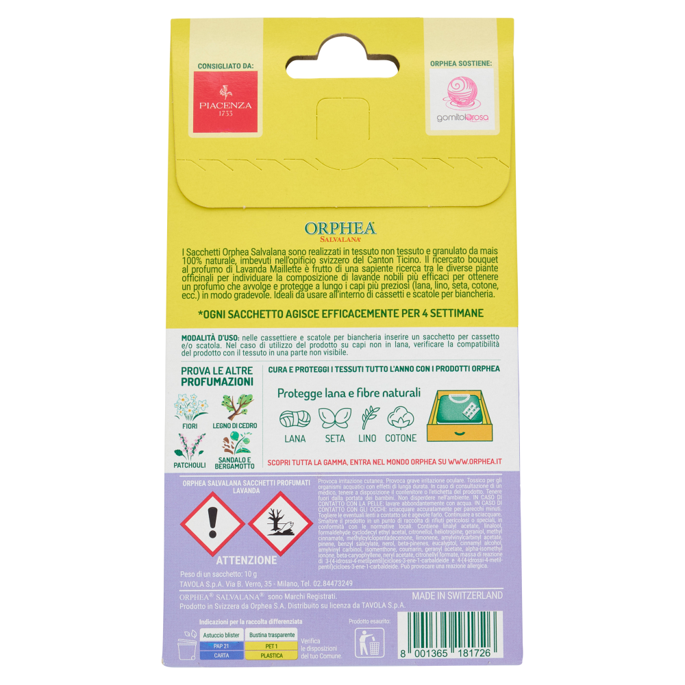 Orphea Salvalana Sacchetti per Cassetti e Armadi al Profumo Naturale di Legno di Lavanda 3 x 10 g