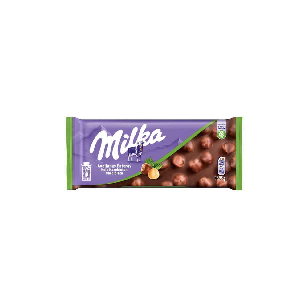 Milka Nocciolato, Tavoletta di Cioccolato al Latte con Nocciole Intere, Latte 100% Alpino, Cacao Sostenibile - 95 g
