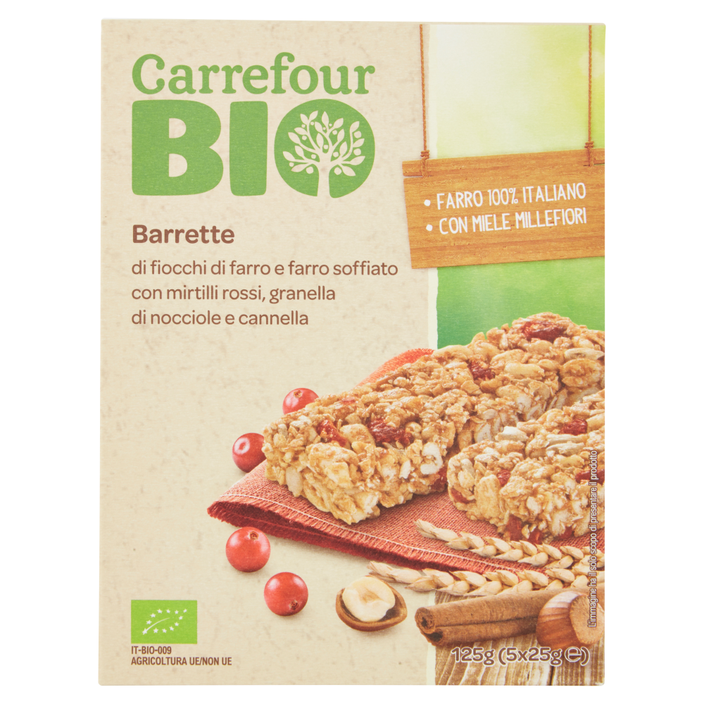 Carrefour Bio Barrette di fiocchi di farro e farro soffiato con mirtilli rossi 5 x 25 g