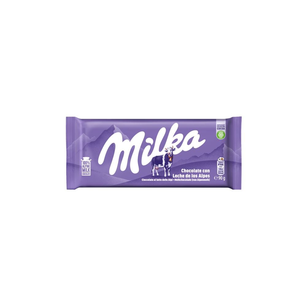 Milka Cioccolato al Latte, Tavoletta di Cioccolato al Latte Classica, Latte 100% Alpino, Cacao Sostenibile Tavoletta 90 g