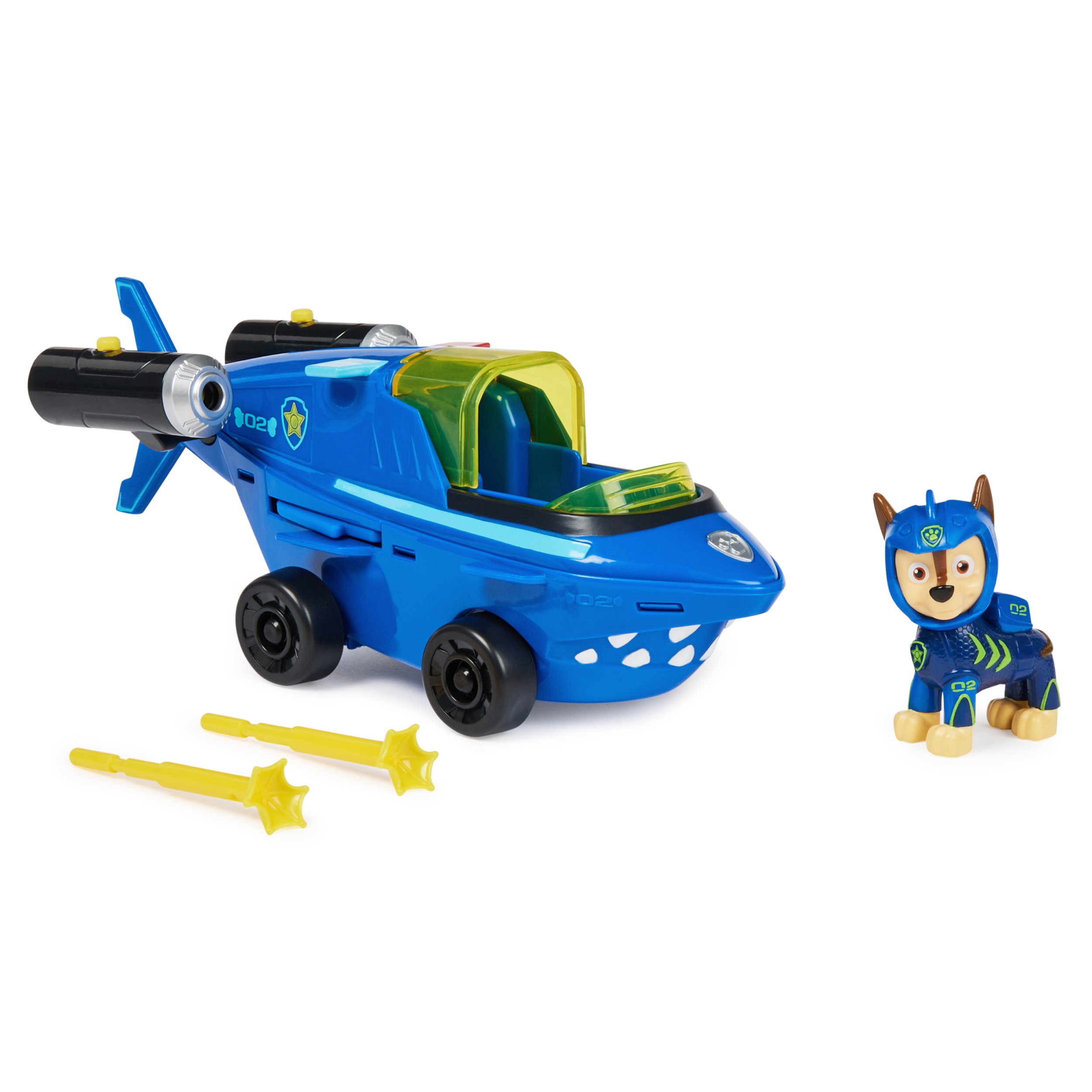 PAW Patrol Aqua Pups, Shark Vehicle trasformabile di Chase con action figure da collezione, giocattoli per bambini dai 3 anni in su