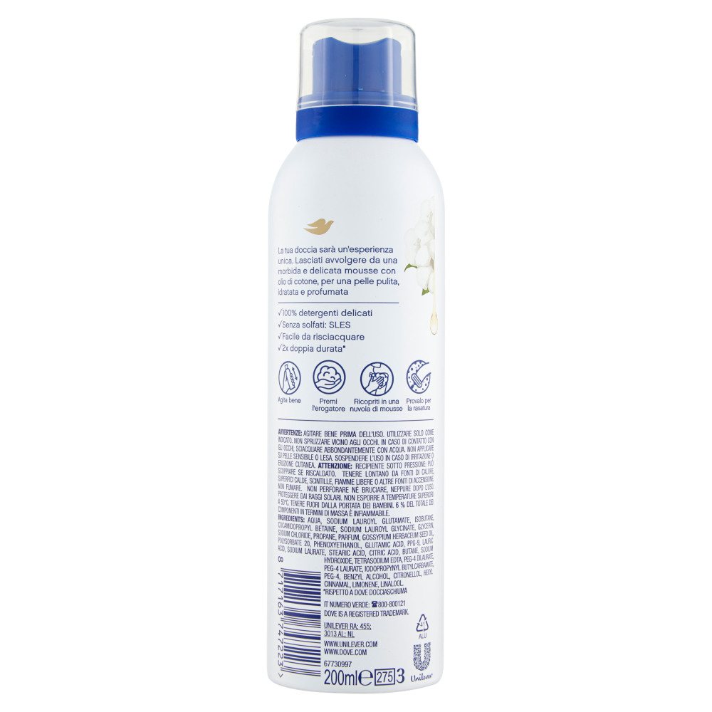 Dove mousse doccia idratante con olio di cotone 200 ml