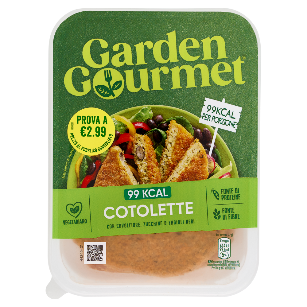GARDEN GOURMET Cotolette Vegetariane 99kcal con Cavolfiore, Zucchine e Fagioli Neri 3 pezzi 186g