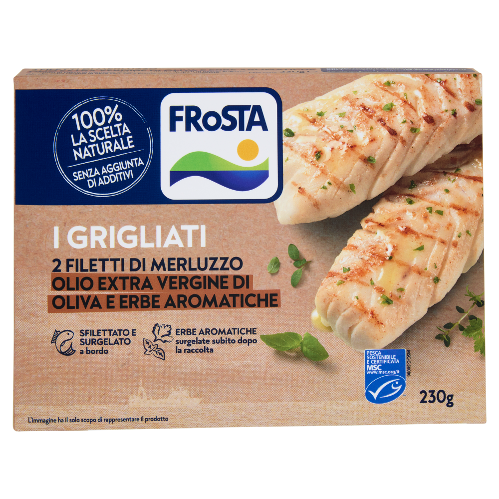 FRoSTA i Grigliati 2 Filetti di Merluzzo Olio Extra Vergine di Oliva e Erbe Aromatiche 230 g