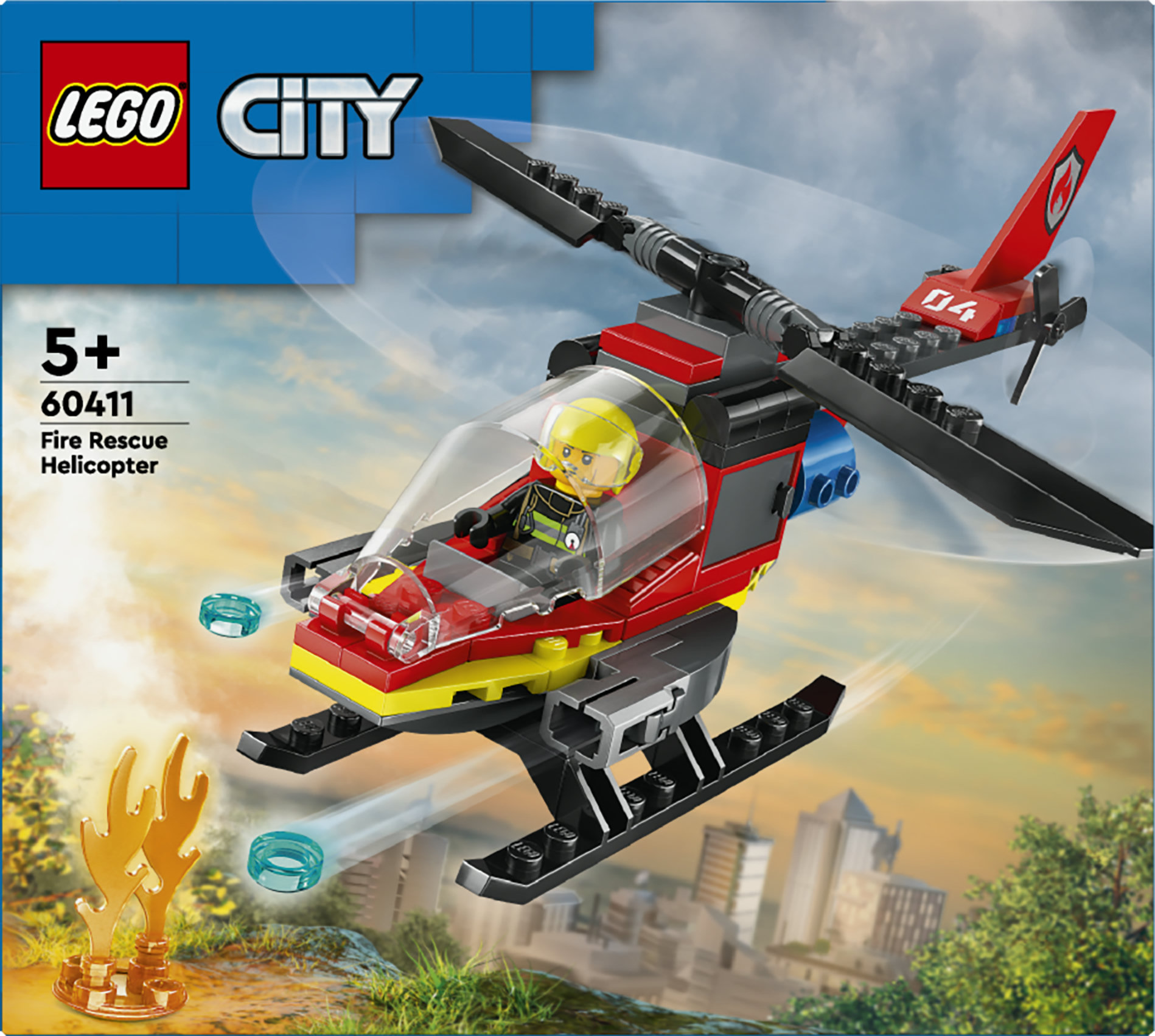 LEGO City 60411 Elicottero dei Pompieri, Veicolo Giocattolo con 2 Elementi Lancia-Acqua e Minifigure, Giochi per Bambini 5+