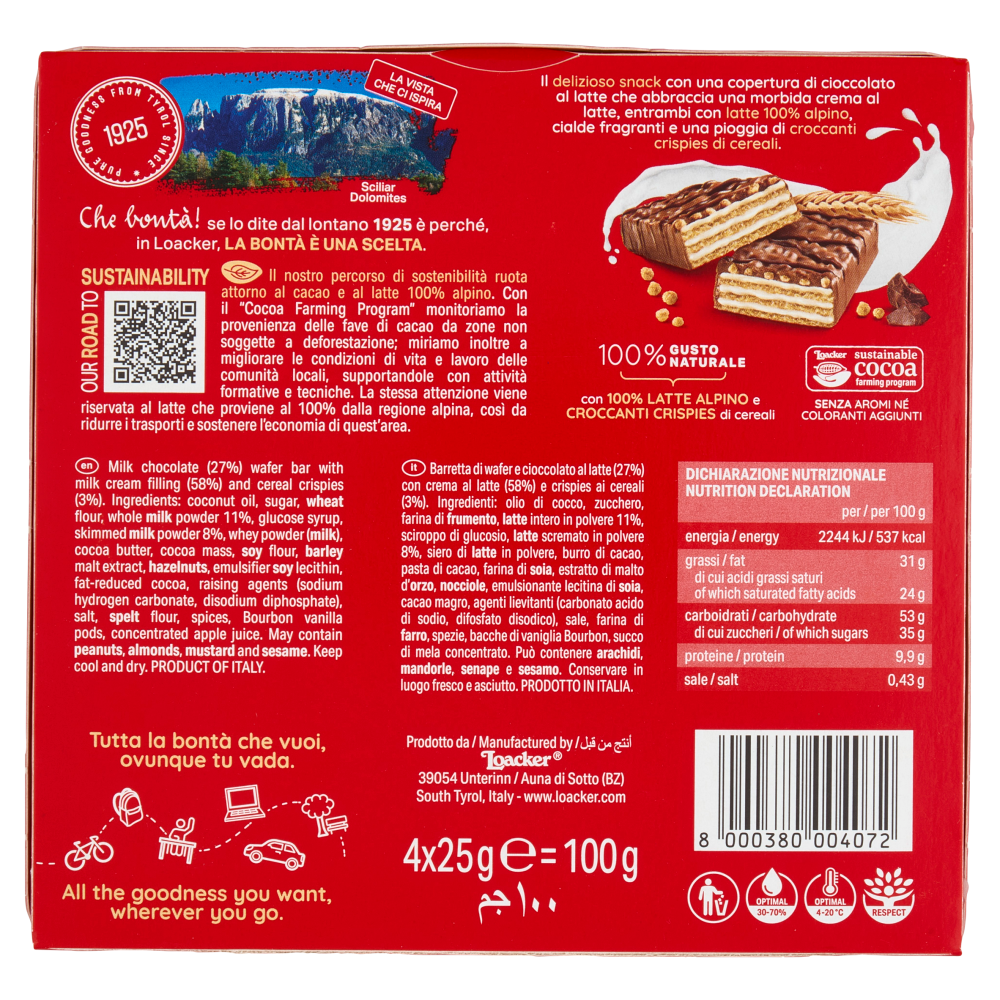 Loacker Milk & Cereals Barrette di Wafer e Cioccolato al Latte con crema al Latte 25gx4