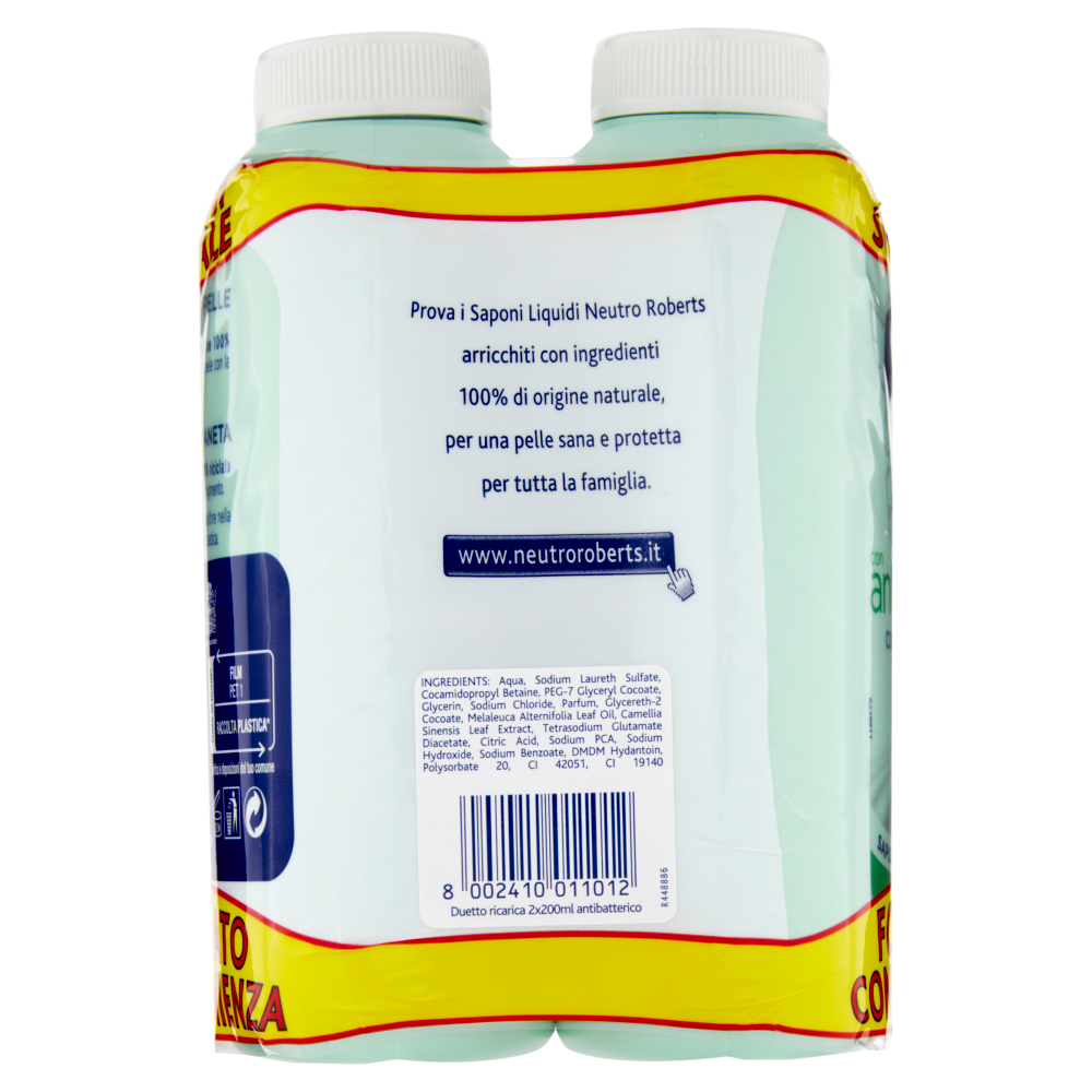 Neutro Roberts con antibatterico con t&egrave; verde naturale Sapone Liquido Ricarica 2 x 200 ml