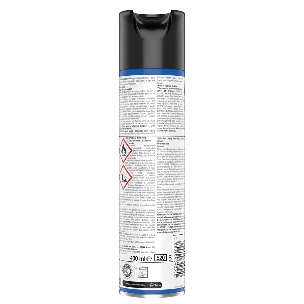 Raid Mosche e Zanzare Spray, Insetticida per Mosche e Zanzare, Azione Rapida, Fragranza Fiori d'Arancio, 400 ml