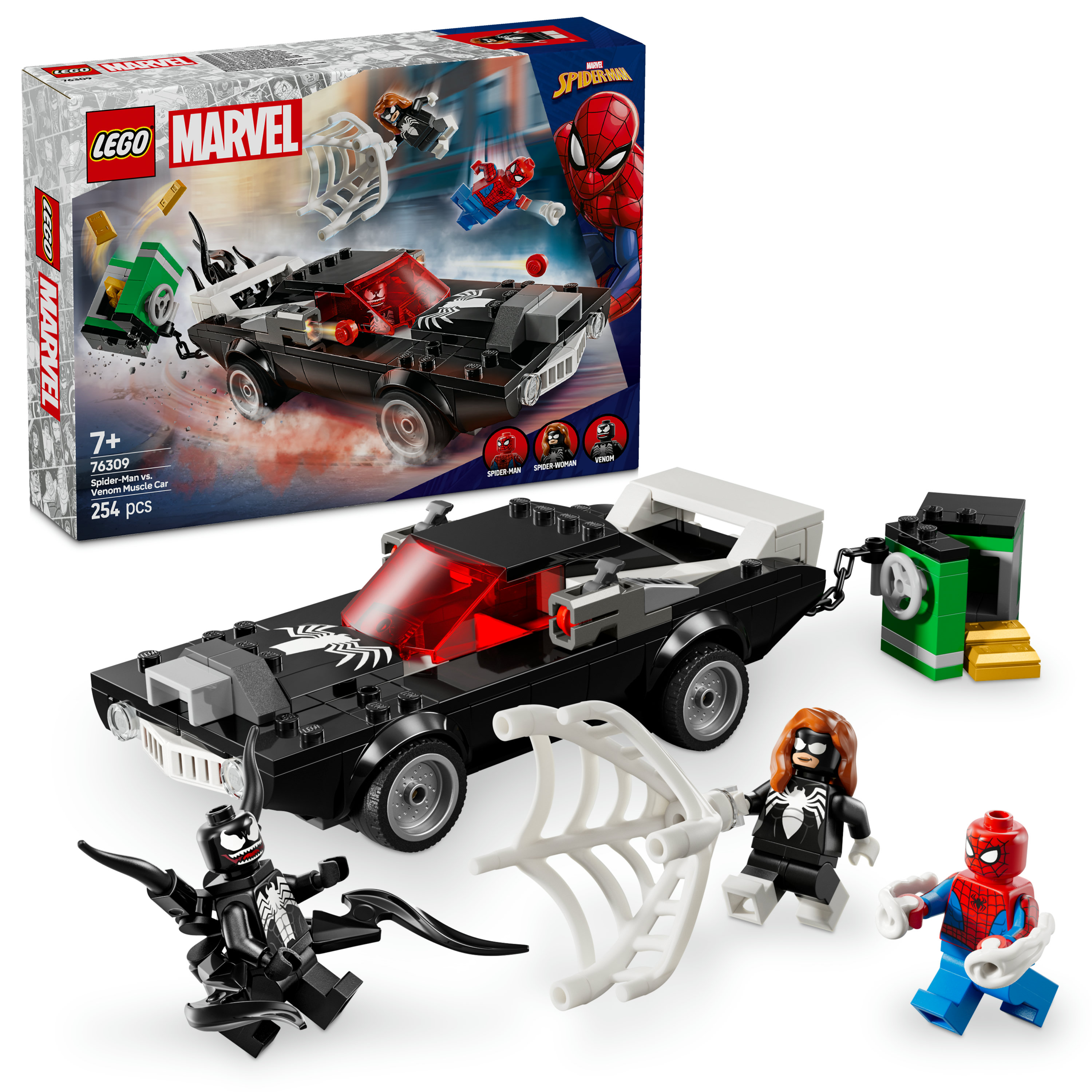 LEGO | Marvel 76309 Spider-Man Contro Muscle Car di Venom, Macchina Giocattolo da Costruire con 3 Minifigure per Bambini 7+