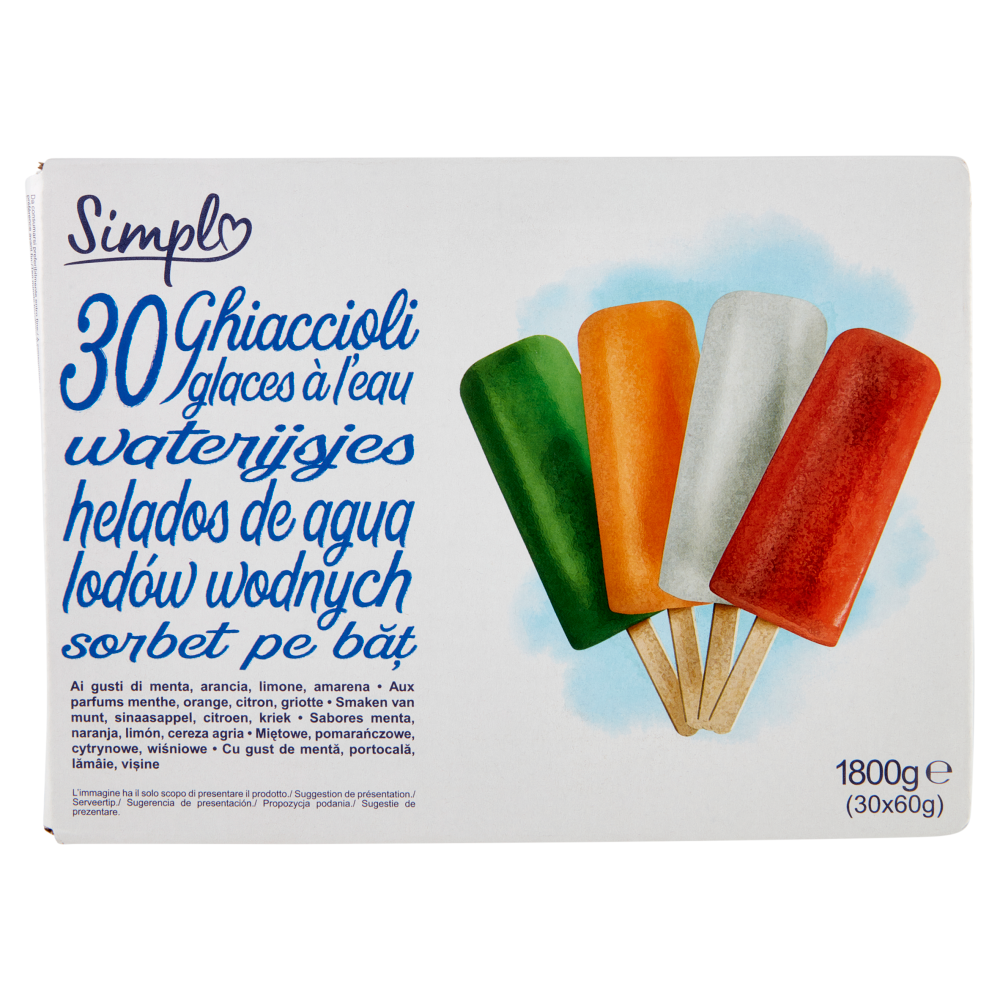 Simpl 30 Ghiaccioli ai gusti di menta, arancia, limone, amarena 30 x 60 g