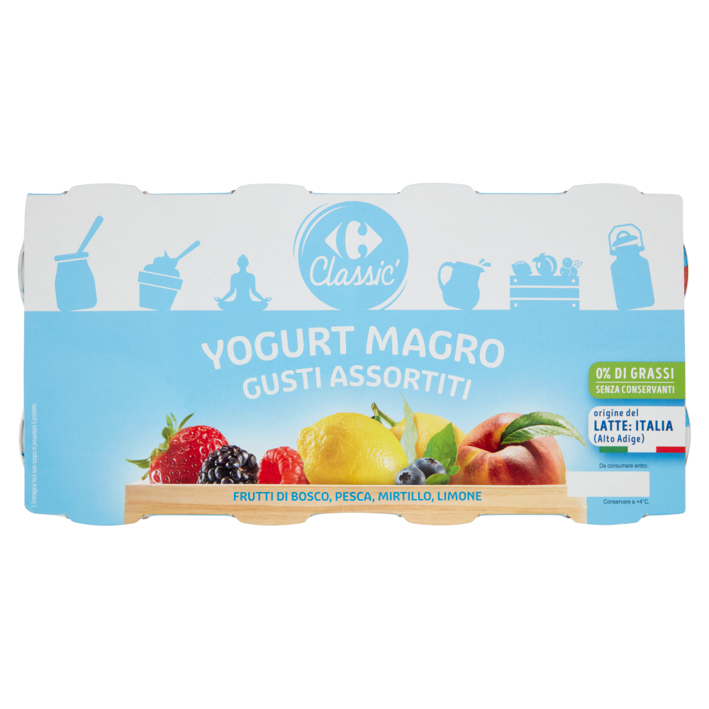 Carrefour Classic Yogurt Magro Gusti Assortiti Frutti di Bosco, Pesca, Mirtillo, Limone 8 x 125 g