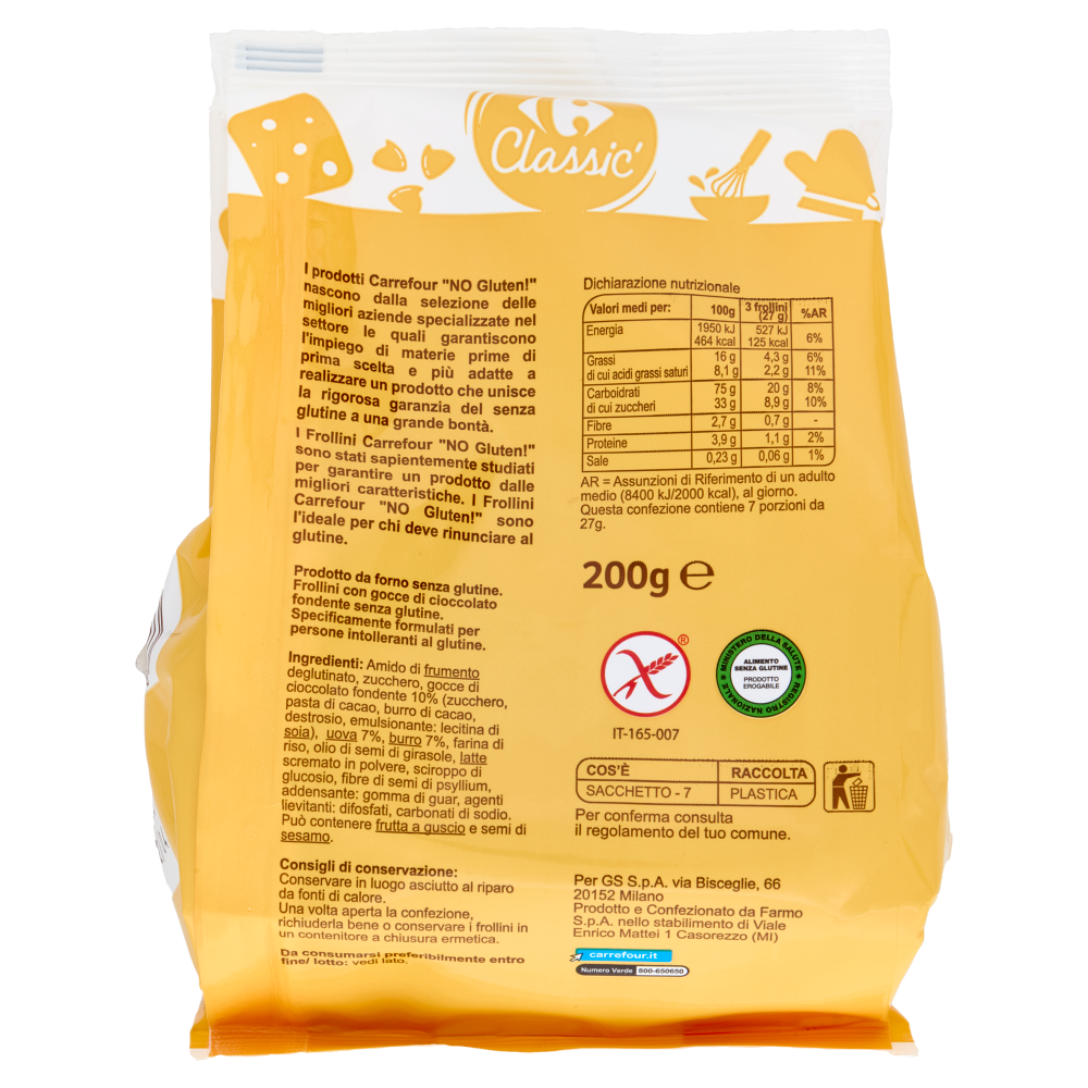 Carrefour Classic Frollini con Gocce di Cioccolato Fondente No Gluten!* 200 g