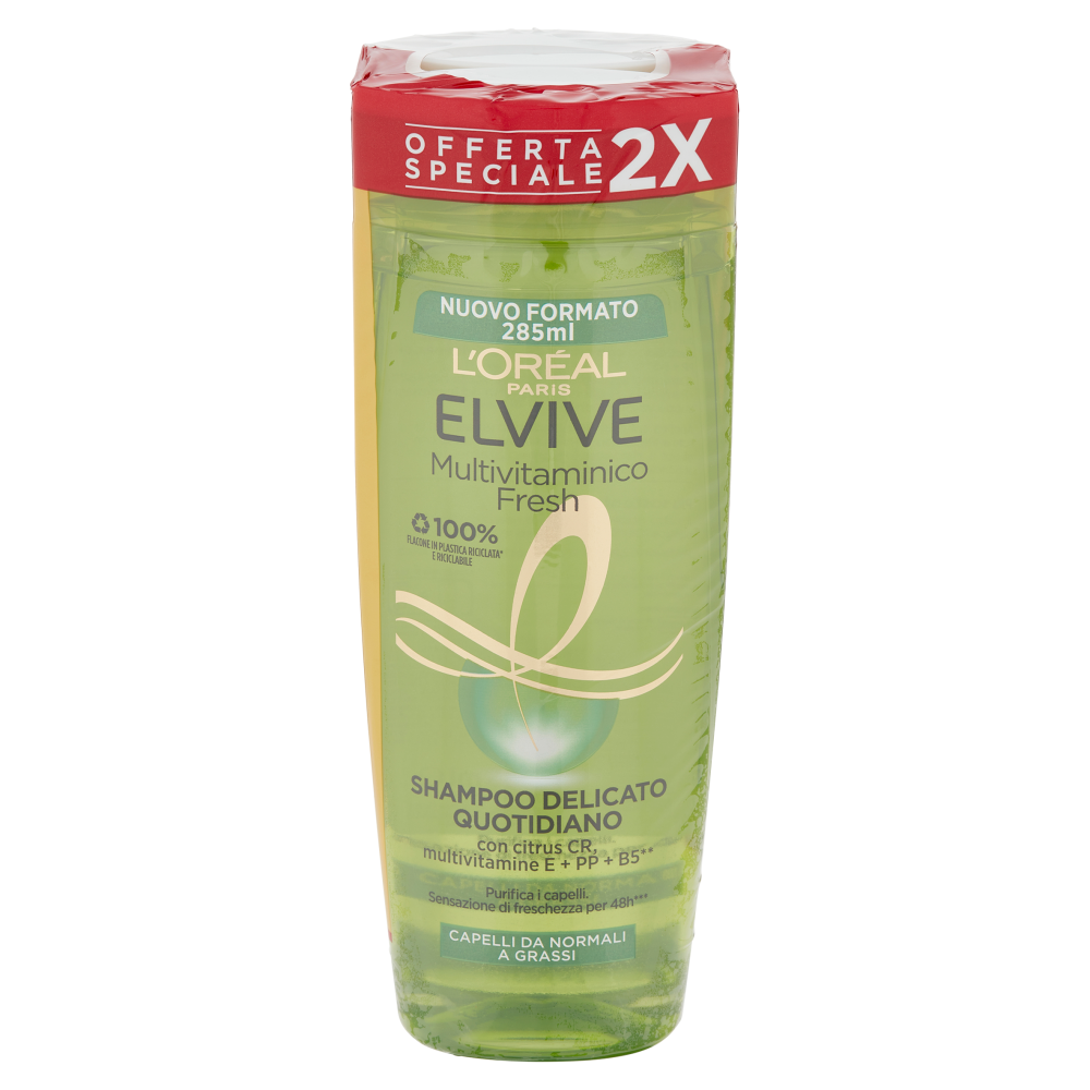 L'Or&eacute;al Paris Shampoo Elvive Multivitaminico Fresh, Azione Vitalizzante, Confezione da 2