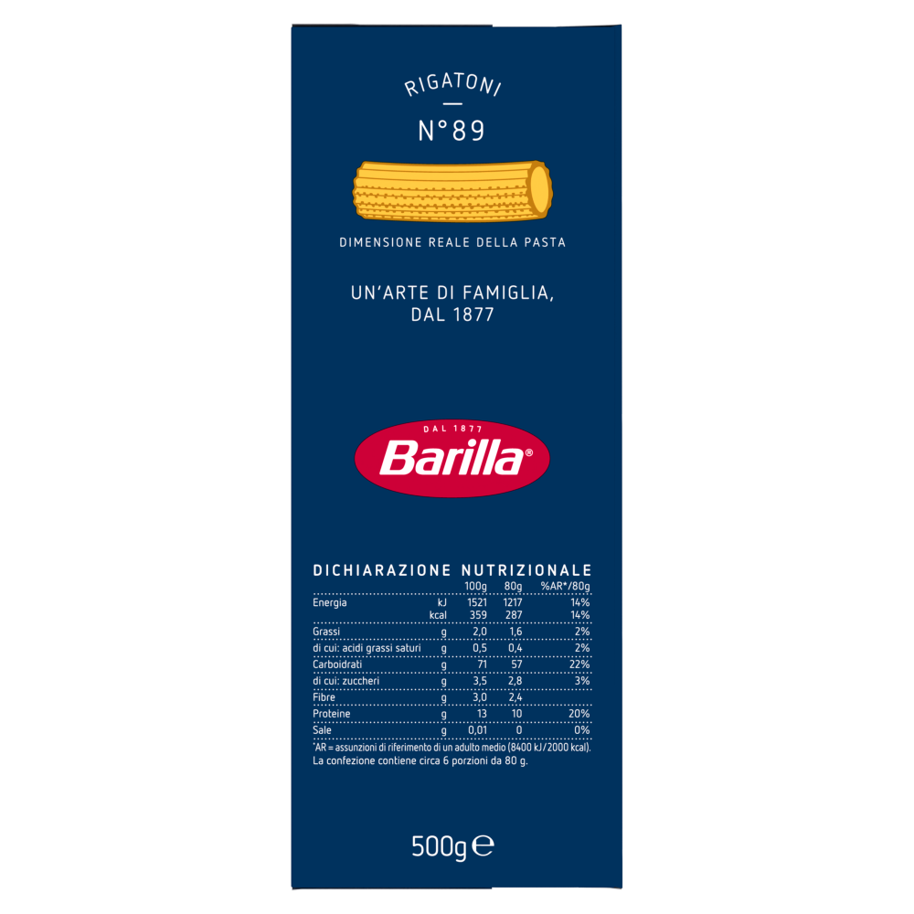 Barilla Pasta Rigatoni n.89 100 Grano Italiano 500g Carrefour